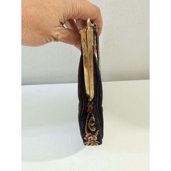 Vintage Petit Point Floral Purse on Black – Gold Frame, Handbag Clutch - Picture 2 of 10